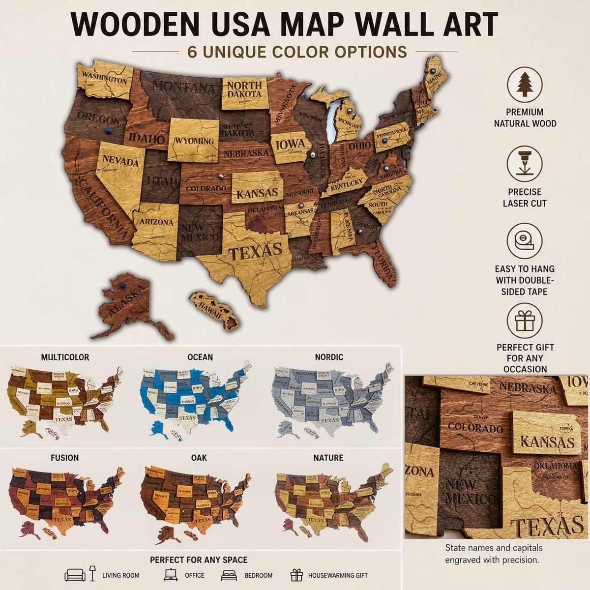 Wooden USA Map Visited Places - Wood United States Map with Push Pins - 3D US States Travel Tracker Wall Art Decor - Wooden America Atlas - New Home Gift (Nature)