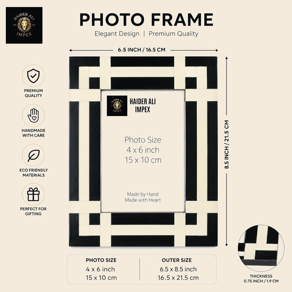 Handmade Bone Inlay Picture Frame 4x6 - Black and White Checkered Photo Frame for Tabletop & Wall Display - Geometric Checkerboard Frame for Boho Decor