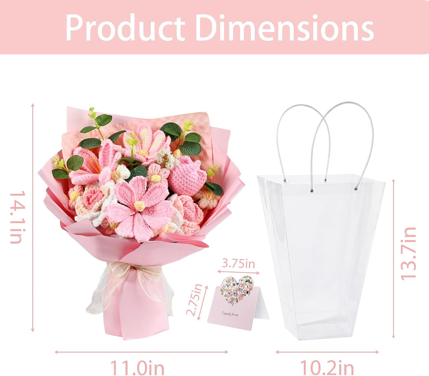 18Pcs Handmade Crochet Flower Bouquet Knitted Yarn Flowers with Bag & Card, Artificial Rose Daisy, Birthday Gifts for Women Mom Wife Girlfriend Sister Best Friend Pink