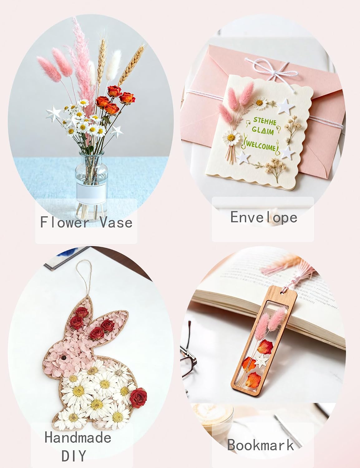 xin's convey DIY Natural Dried Flower Set for Vase, Bulk Boho Dried Flowers with Stems,Fall Decor, Mini Flower Arrangements.(Pink)