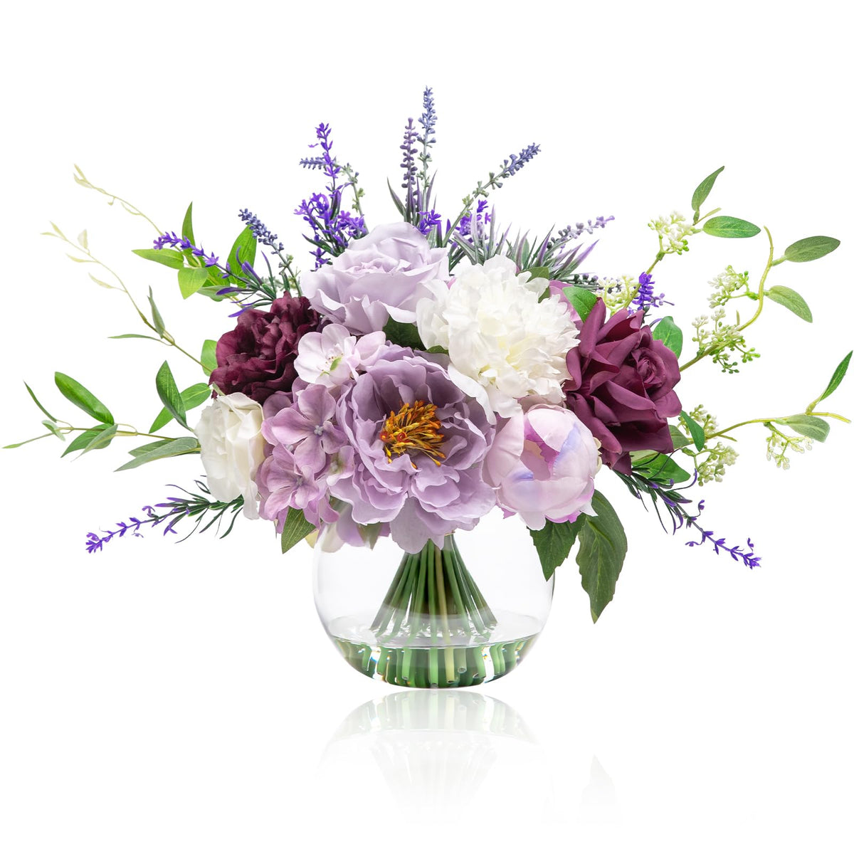 WELL KNOWN Artificial Flowers with Vase, Silk Blue & White Flower Bouquet | Hydrangea Peony in Vase with Faux Water for Home Decor, Fake Tulips Flower Arrangements for Wedding Party Table Centerpieces
