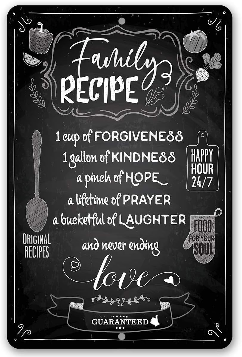 Family Recipe Metal Sign - Food for Your Soul - Modern Home Wall Decor, Kitchen and Dining Room Hanging Plaque, Cute Housewarming Gifts, 8x12 Inch Indoor Outdoor Chalkboard Style Display