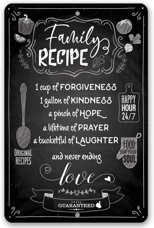 Family Recipe Metal Sign - Food for Your Soul - Modern Home Wall Decor, Kitchen and Dining Room Hanging Plaque, Cute Housewarming Gifts, 8x12 Inch Indoor Outdoor Chalkboard Style Display