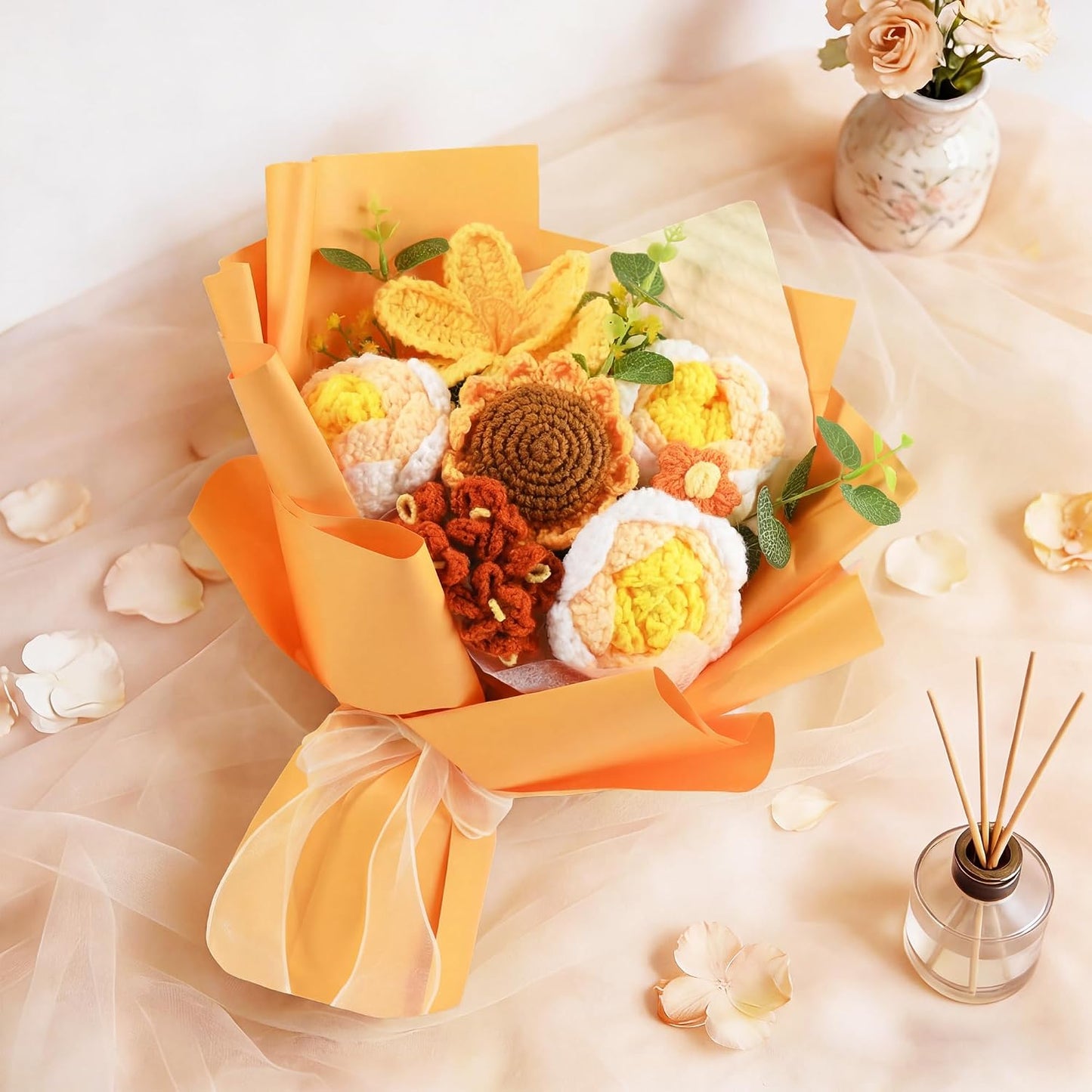 Handmade Crochet Flower Bouquet, Preserved Forever Knitted Yarn Flowers with Bag & Card, Artificial Rose Daisy, Teacher Appreciation Gifts for Women, Mother's Day Birthday Gift Orange Sunflower