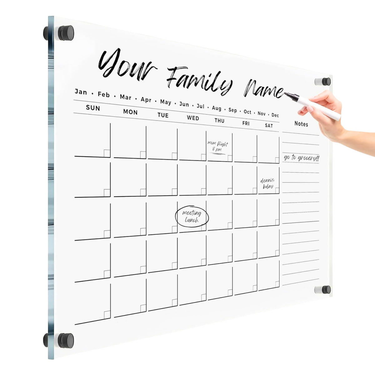 Oversize Acrylic Premium Calendar for Wall - Home Office Monthly Glass - Customizable Thick Clear Dry Erase Board - Calendar 2026 Dry Erase Planner (Black Standoff, 24"x18" (Regular))