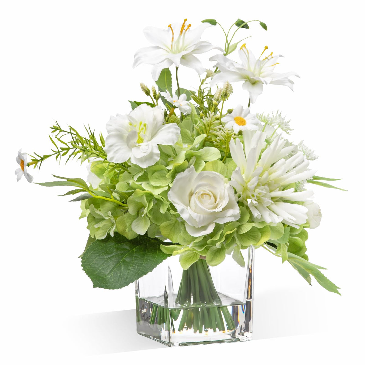 WELL KNOWN Artificial Flowers with Vase, Silk Blue & White Flower Bouquet | Hydrangea Peony in Vase with Faux Water for Home Decor, Fake Tulips Flower Arrangements for Wedding Party Table Centerpieces