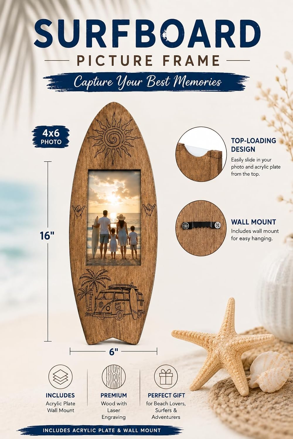 Rustic 4x6 Surfboard Wood Picture Frame, Beach House Decor (6"x16")