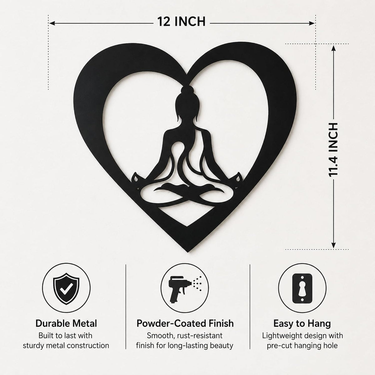 Meditation Heart Metal Wall Art, Yoga Room Decor, 12 x 11.4 Inch | Smooth matte black powder-coated finish gives a clean modern look for minimalist and boho spaces.