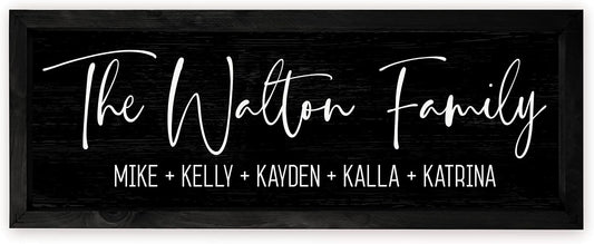 Personalized Framed Family Name Sign 8x24 – Black Frame, Black | solid poplar wood, printed canvas board, no decals, add text and est date, wedding housewarming gift, farmhouse