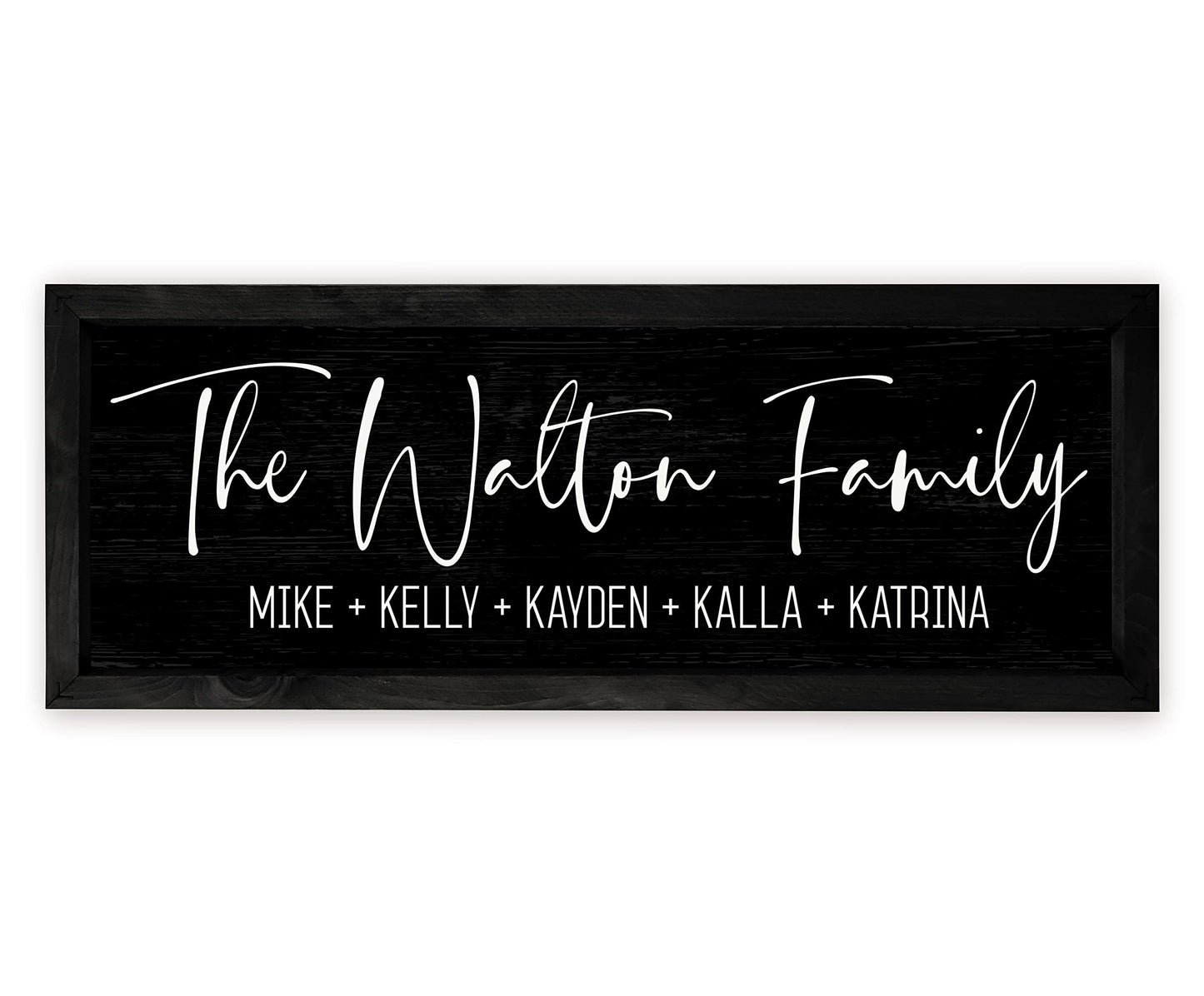 Personalized Framed Family Name Sign 8x24 – Black Frame, Black | solid poplar wood, printed canvas board, no decals, add text and est date, wedding housewarming gift, farmhouse