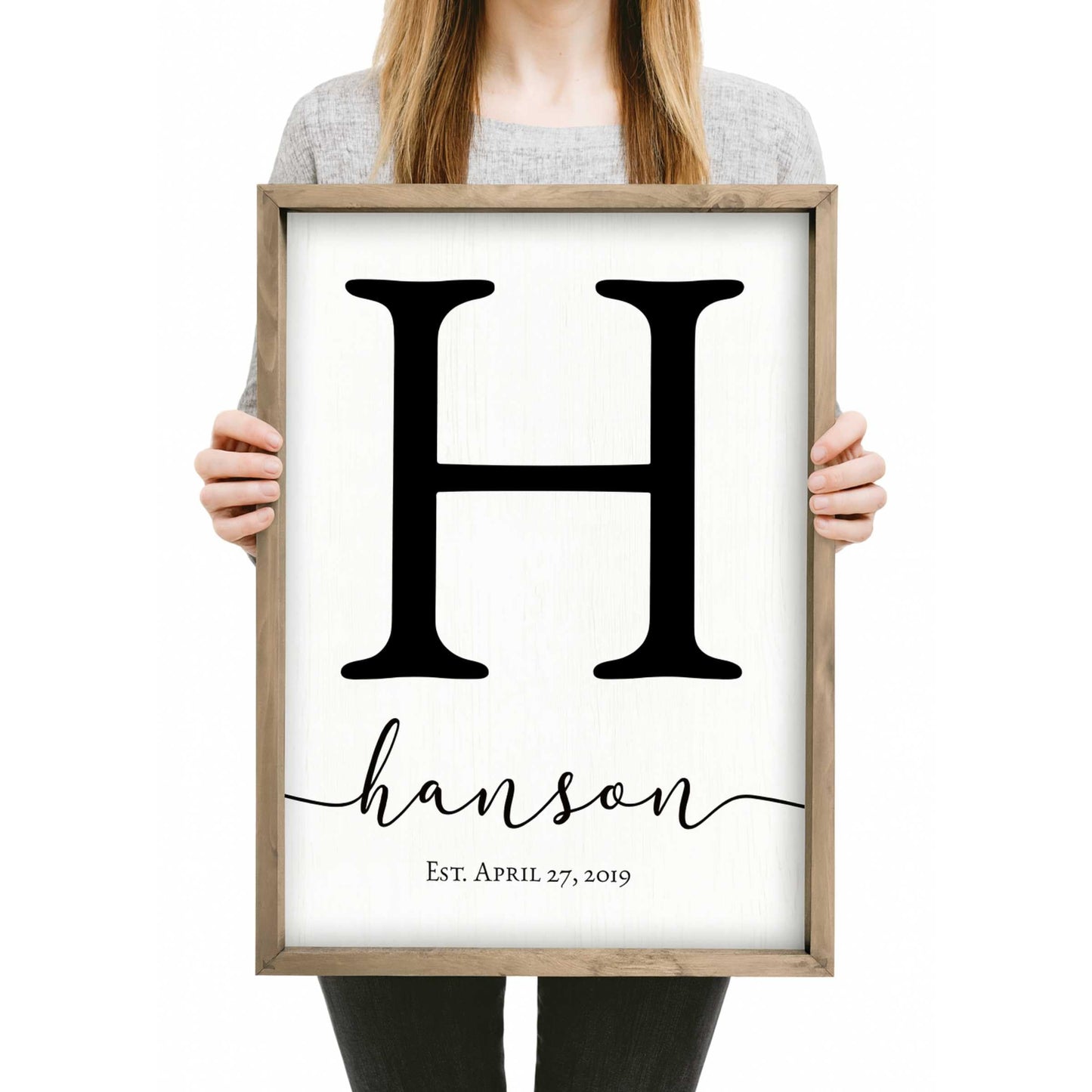 Personalized Monogram Framed Name Sign 12x18 – Custom Wall Decor Grey | solid poplar frame, white background, printed no decals, 4 sizes, add surname, wedding housewarming gift