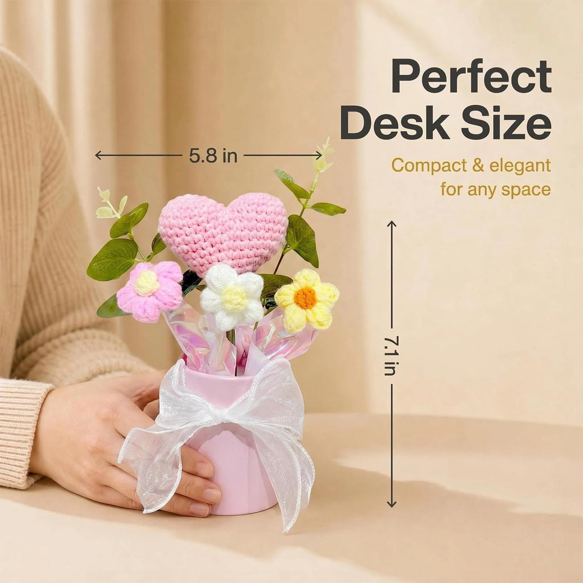 Crochet Pink Flower Bouquet, Small Handmade Desktop Decor Gifts For Women | Skin-friendly, Odor-free yarn, Pollen-free, Hypoallergenic, Great for Birthday, Mother's Day, Daughter & Grandma Gifts
