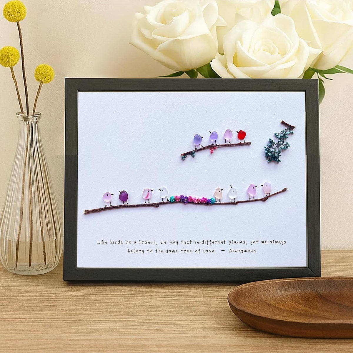 MEAKEO Sea Glass Birds Wall Art with Frame,Handmade Seaglass Rainbow Birds,Decorative Branch and Dried Flowers Accents,Sea Glass Friendship Gift for Home Decor,and Gift Ideas
