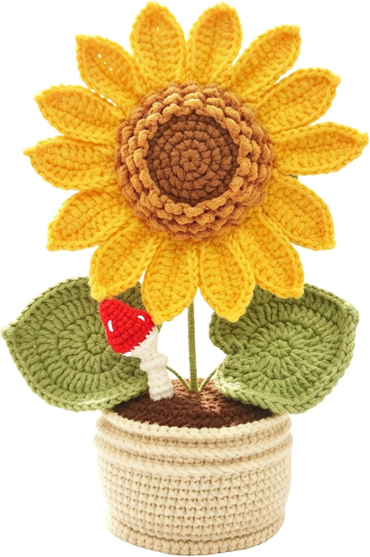 Handmade Crocheted Flowers Sunflower Artificial Flowers (Potted) | Faux Flowers for vase,Decor, Suitable for Home, car, Public Decoration, Holiday Scene Display, Gifting to Friends and Family