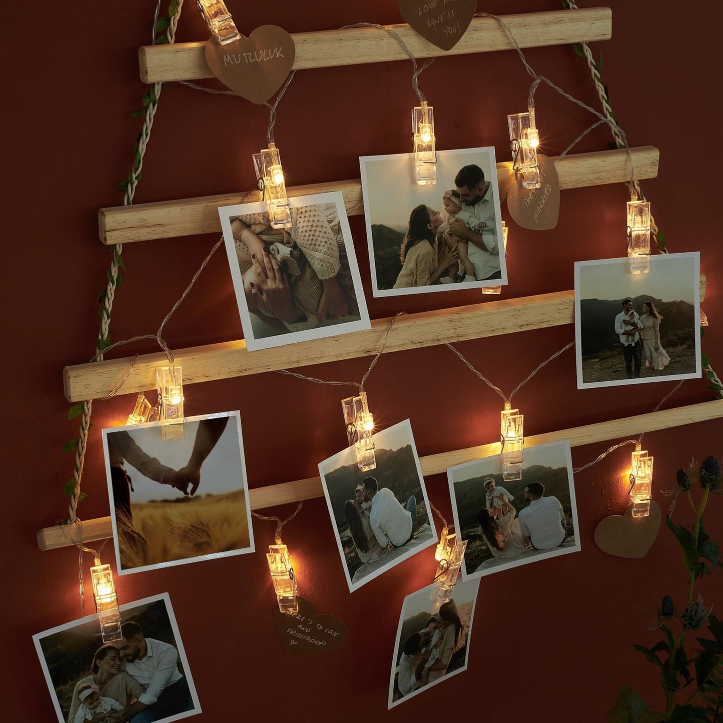 Wooden Christmas Tree Photo Hanger – Natural Handmade Wall Display Frame with Craft Hearts & Lights, Rustic Holiday Wall Decor for Memories – Best Christmas Gift (Tree Only - No Photos)