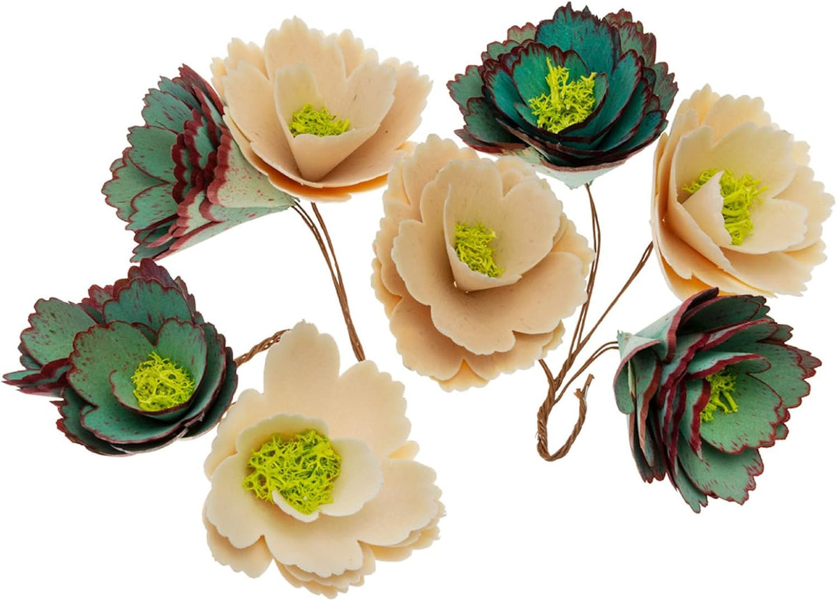 Boston International Faux Floral Wood Curl Flowers with Wire Stems Floral Decorations for Home, Set of 8, Red & Natural