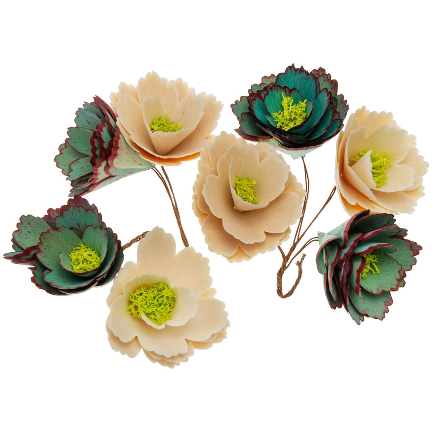 Boston International Faux Floral Wood Curl Flowers with Wire Stems Floral Decorations for Home, Set of 8, Red & Natural