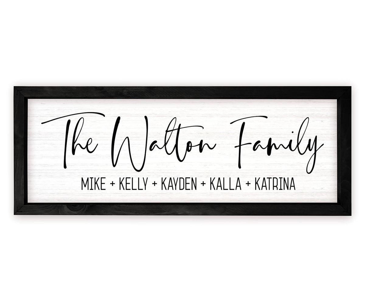 Personalized Framed Family Name Sign 8x24 – Black Frame, Black | solid poplar wood, printed canvas board, no decals, add text and est date, wedding housewarming gift, farmhouse