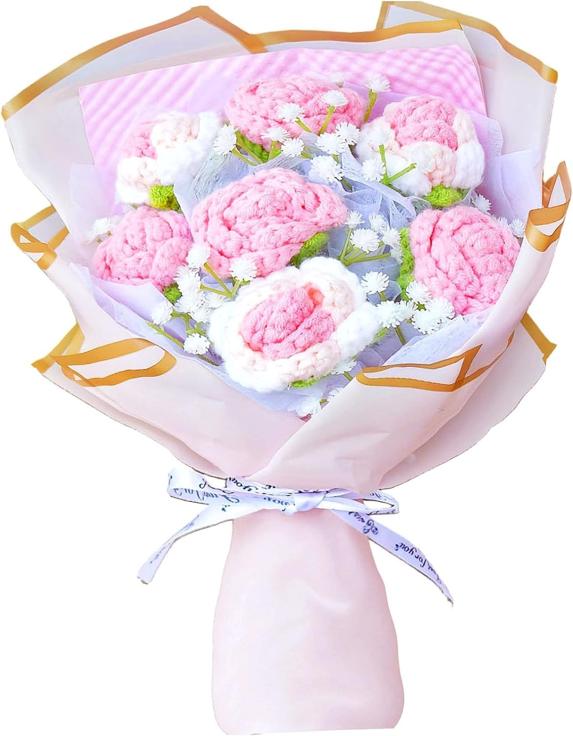 7pcs Crochet Roses Bouquet Pink, Knitted Flowers Bouquet, Preserved Rose Flowers, Artificial Flower Gift for Wife Girlfriend Friend Home Office Decor(Pink-Rose)