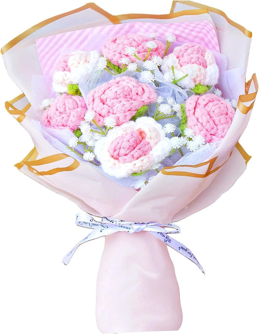 7pcs Crochet Roses Bouquet Pink, Knitted Flowers Bouquet, Preserved Rose Flowers, Artificial Flower Gift for Wife Girlfriend Friend Home Office Decor(Pink-Rose)