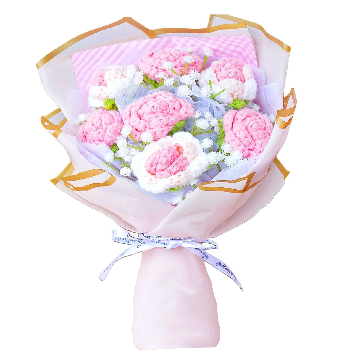7pcs Crochet Roses Bouquet Pink, Knitted Flowers Bouquet, Preserved Rose Flowers, Artificial Flower Gift for Wife Girlfriend Friend Home Office Decor(Pink-Rose)