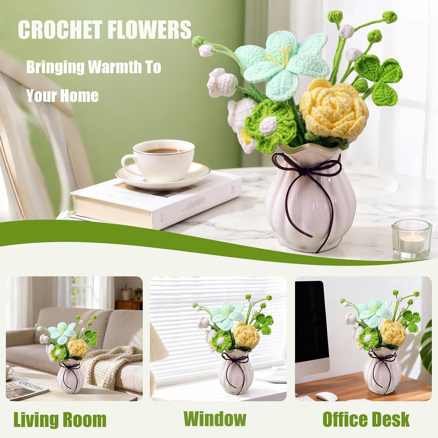 Handmade Knitted Flowers Bouquet,Crochet Rose Flower &Knitted Lily Bouquet with Lily of The Valley,Artificial Bouquet for Home Decor,Wedding, Anniversary, Birthday, Graduation (Green Spring)