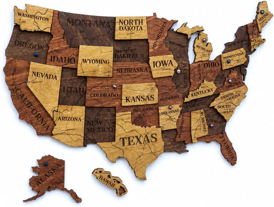 Wooden USA Map Visited Places - Wood United States Map with Push Pins - 3D US States Travel Tracker Wall Art Decor - Wooden America Atlas - New Home Gift (Nature)