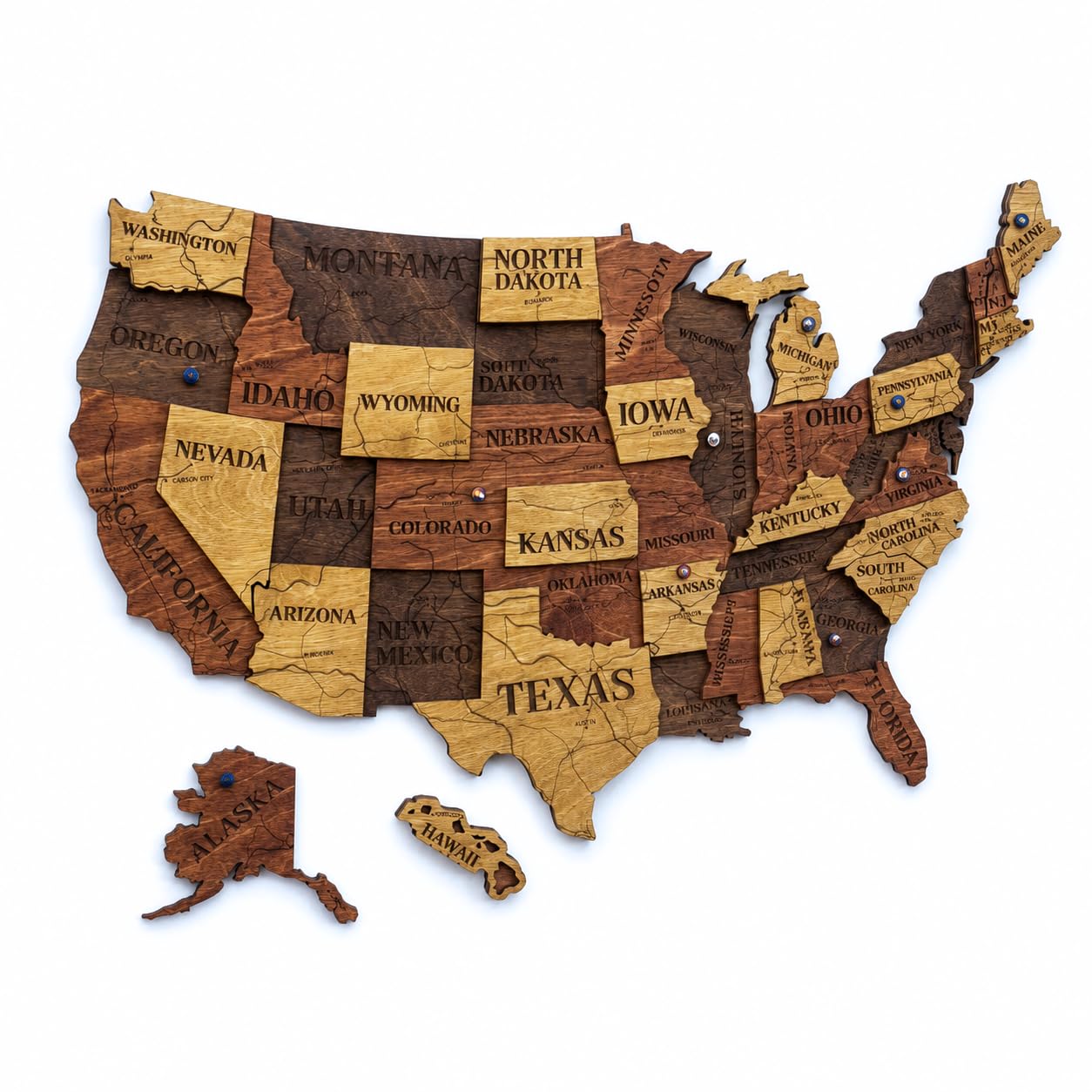 Wooden USA Map Visited Places - Wood United States Map with Push Pins - 3D US States Travel Tracker Wall Art Decor - Wooden America Atlas - New Home Gift (Nature)