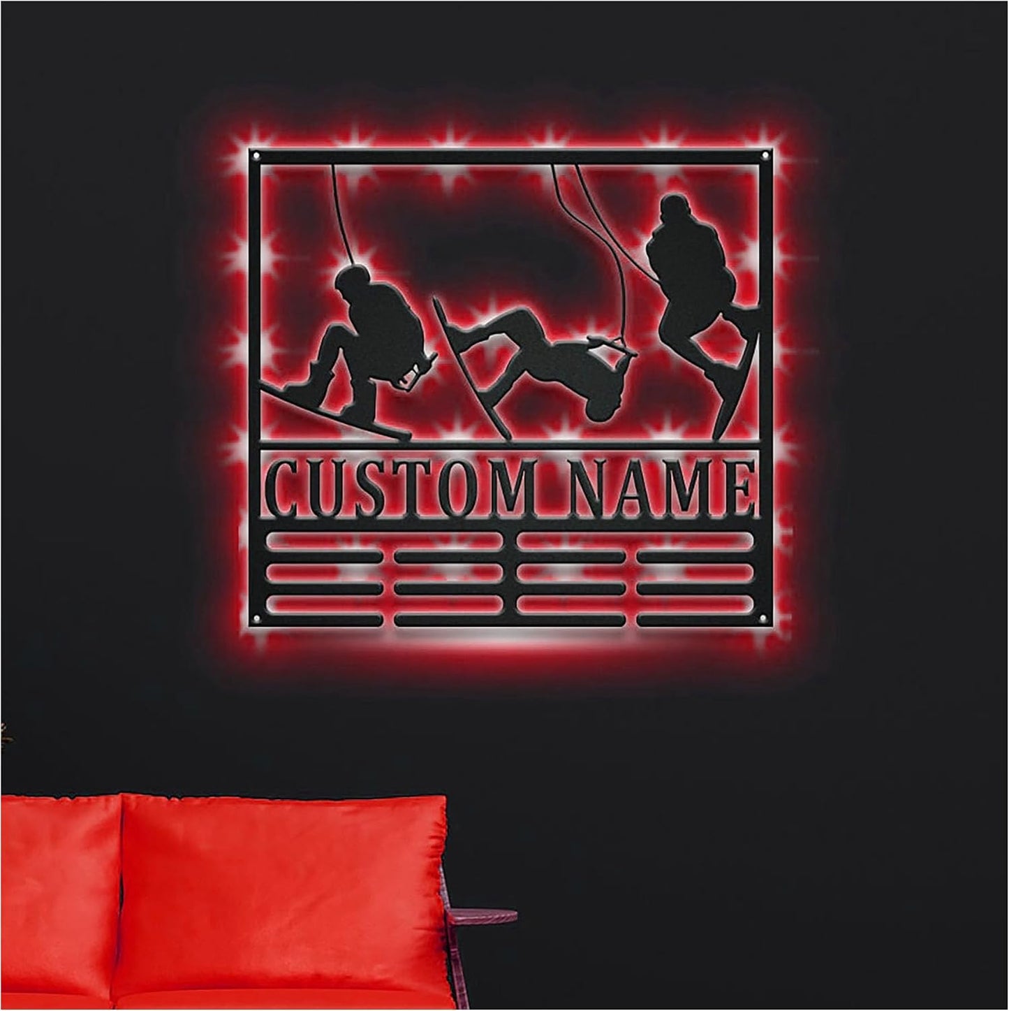 TIZE Metal Sign Custom Name-Custom Wakeboard Medal Holder LED Light, Personalized Wakeboard Player Name Medal Hanger, Wakeboard Medal Display Awards Sign, Wakeboard,16 color led light