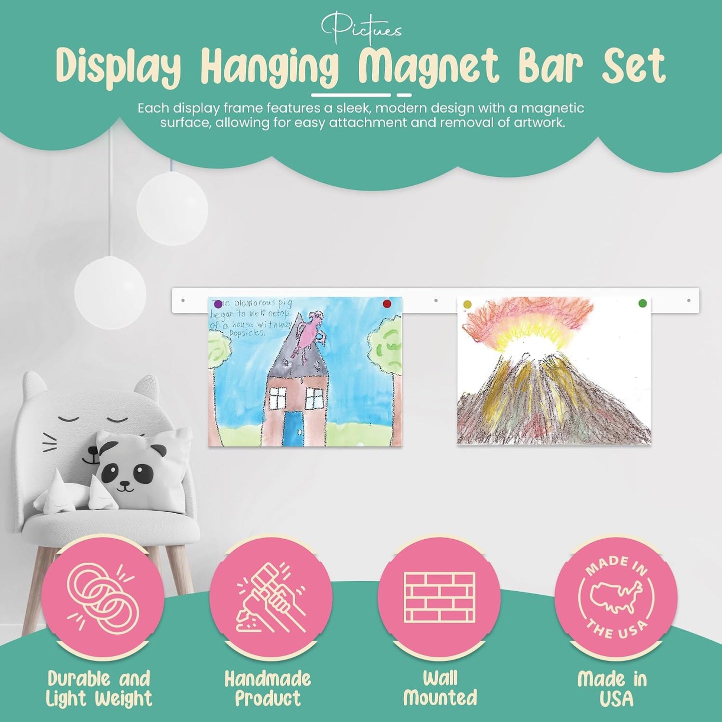 Magnetic Art Display for Kids Artwork - Kids Art Display - Artwork Display for Kids Art for Wall - Picture Hanging System - Display Children Artwork - Magnet Bar (White, 23in)