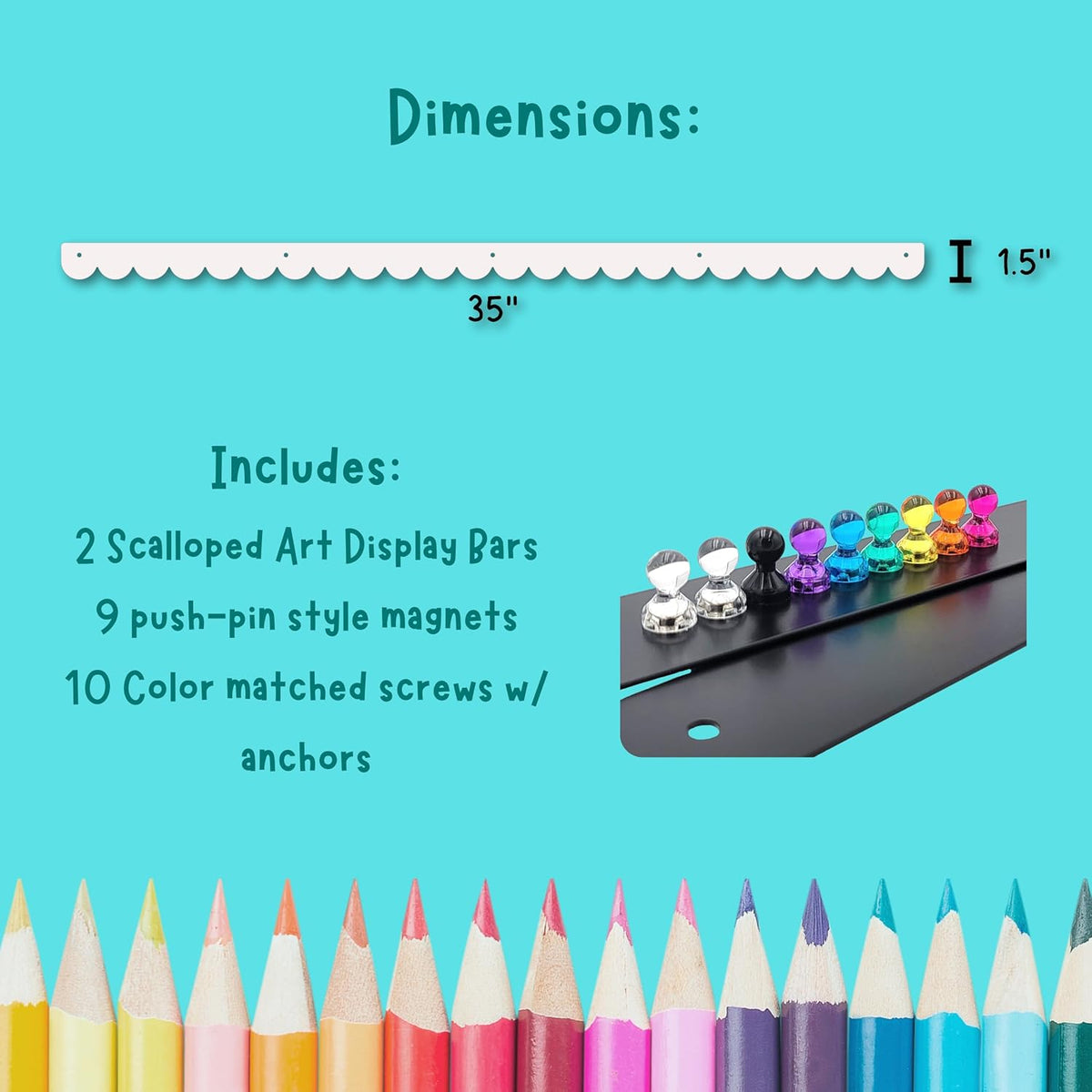 Scalloped Magnetic Art Display for Kids Artwork & Photos (Set of 2) – Kids Artwork Display for Wall – Magnetic Photo Display Strips with Push-Pin Magnets (White, 35in)