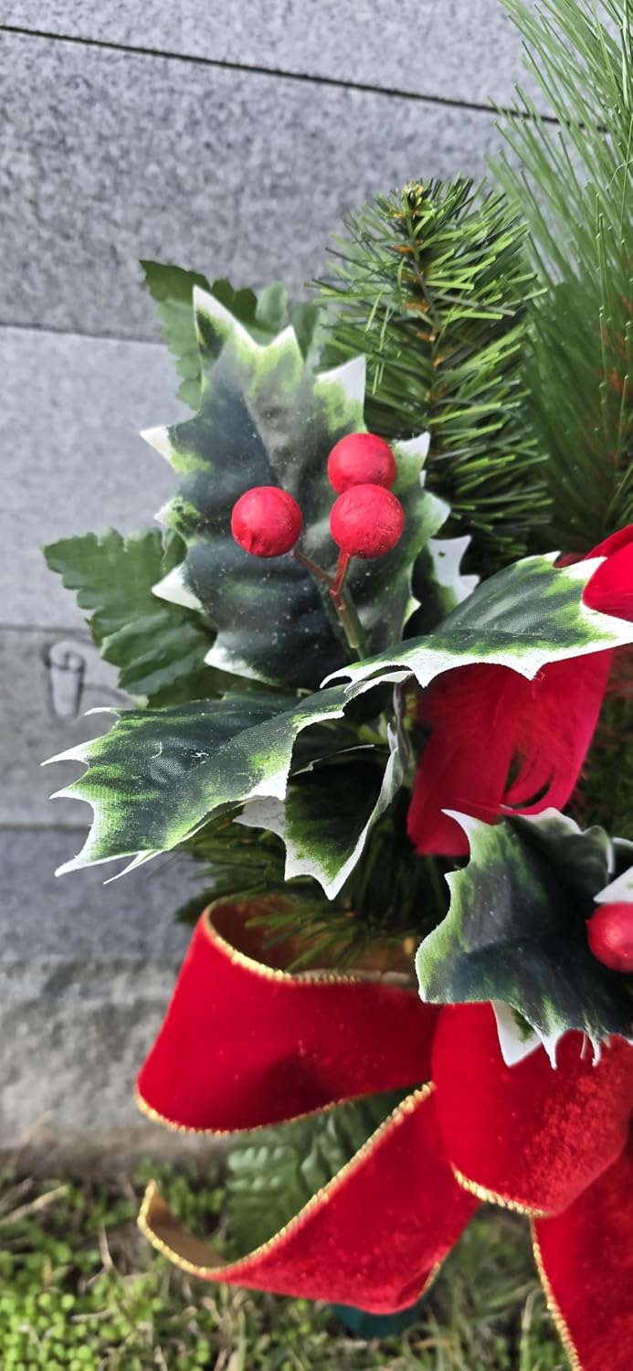 Cemetery Cone with Berries, Holly, and Pine - Christmas Memorial Decoration - Realistic Silk Faux Floral Artificial Grave Flowers -