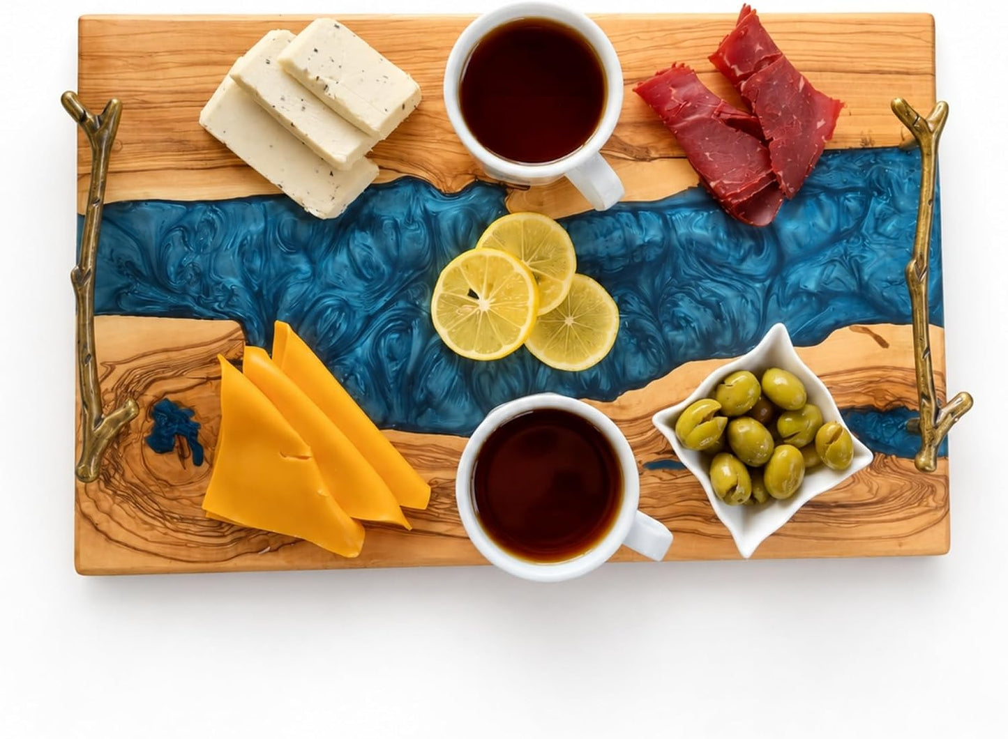 Personalized Olive Wood and Resin Charcuterie Serving Tray with Handle, Premium River Epoxy Cheese Boards for Wedding, Housewarming Blue
