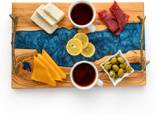 Personalized Olive Wood and Resin Charcuterie Serving Tray with Handle, Premium River Epoxy Cheese Boards for Wedding, Housewarming Blue