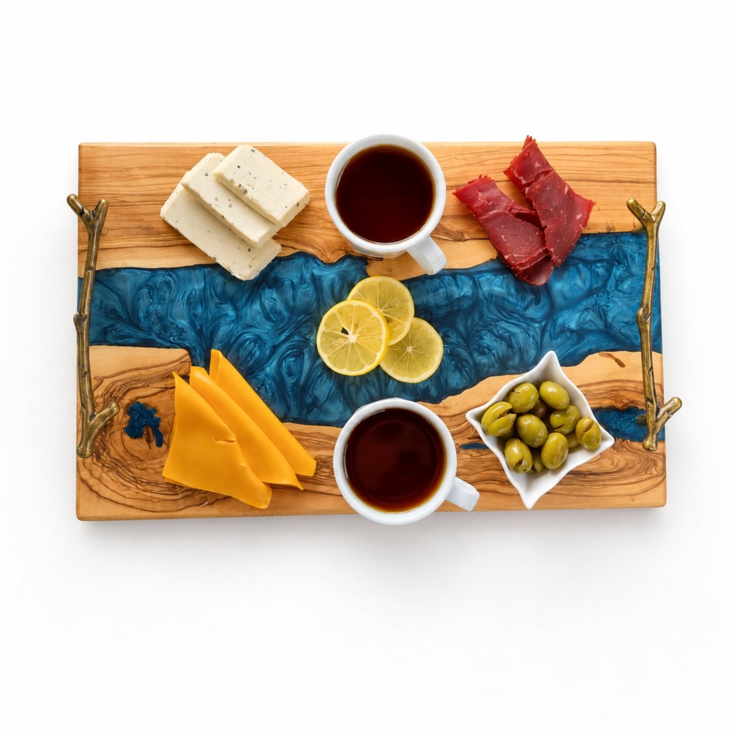 Personalized Olive Wood and Resin Charcuterie Serving Tray with Handle, Premium River Epoxy Cheese Boards for Wedding, Housewarming Blue