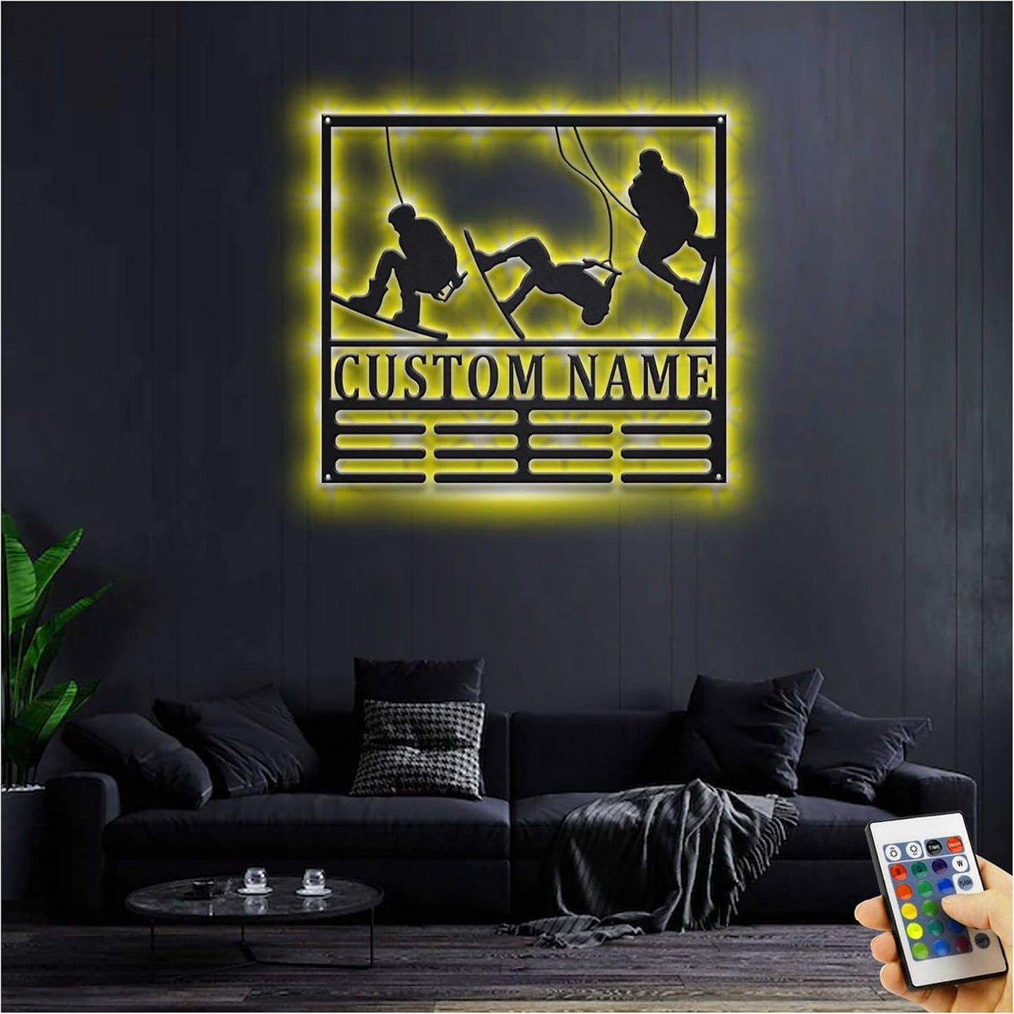TIZE Metal Sign Custom Name-Custom Wakeboard Medal Holder LED Light, Personalized Wakeboard Player Name Medal Hanger, Wakeboard Medal Display Awards Sign, Wakeboard,16 color led light