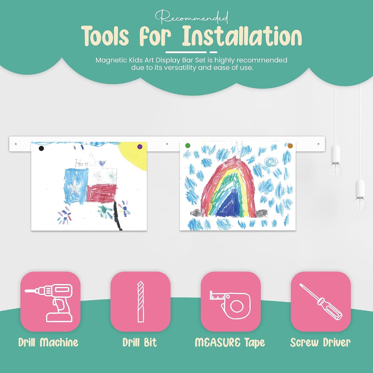 Magnetic Art Display for Kids Artwork - Kids Art Display - Artwork Display for Kids Art for Wall - Picture Hanging System - Display Children Artwork - Magnet Bar (White, 23in)