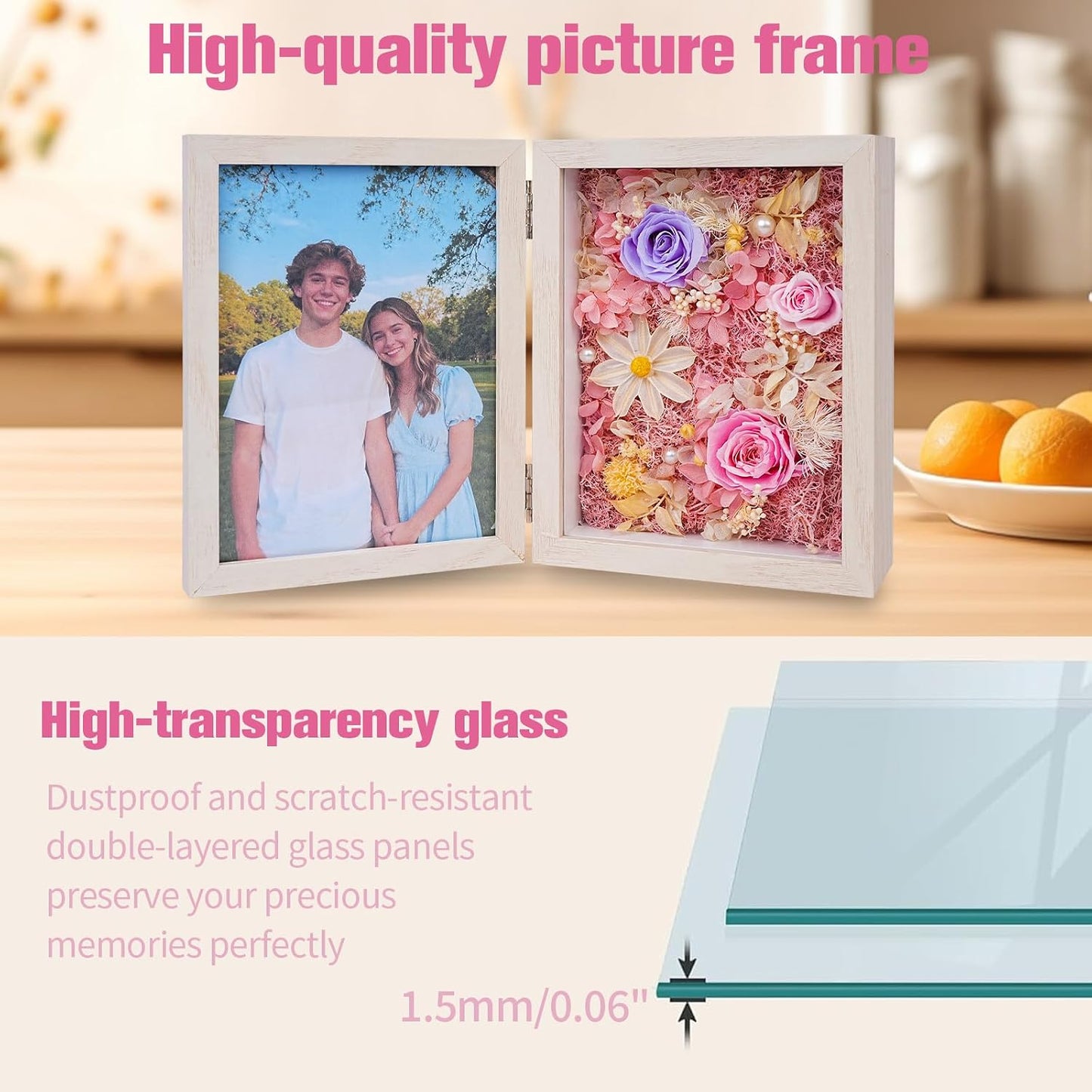 5x7'' Shadow Box Picture Frame Double Photos with Preserved Flowers, Real Floral Deep Wood Shadow Box Display Case Desktop Decor with Glass Front/Card/Gift Box, Gift Box for Family/Valentine’s Day