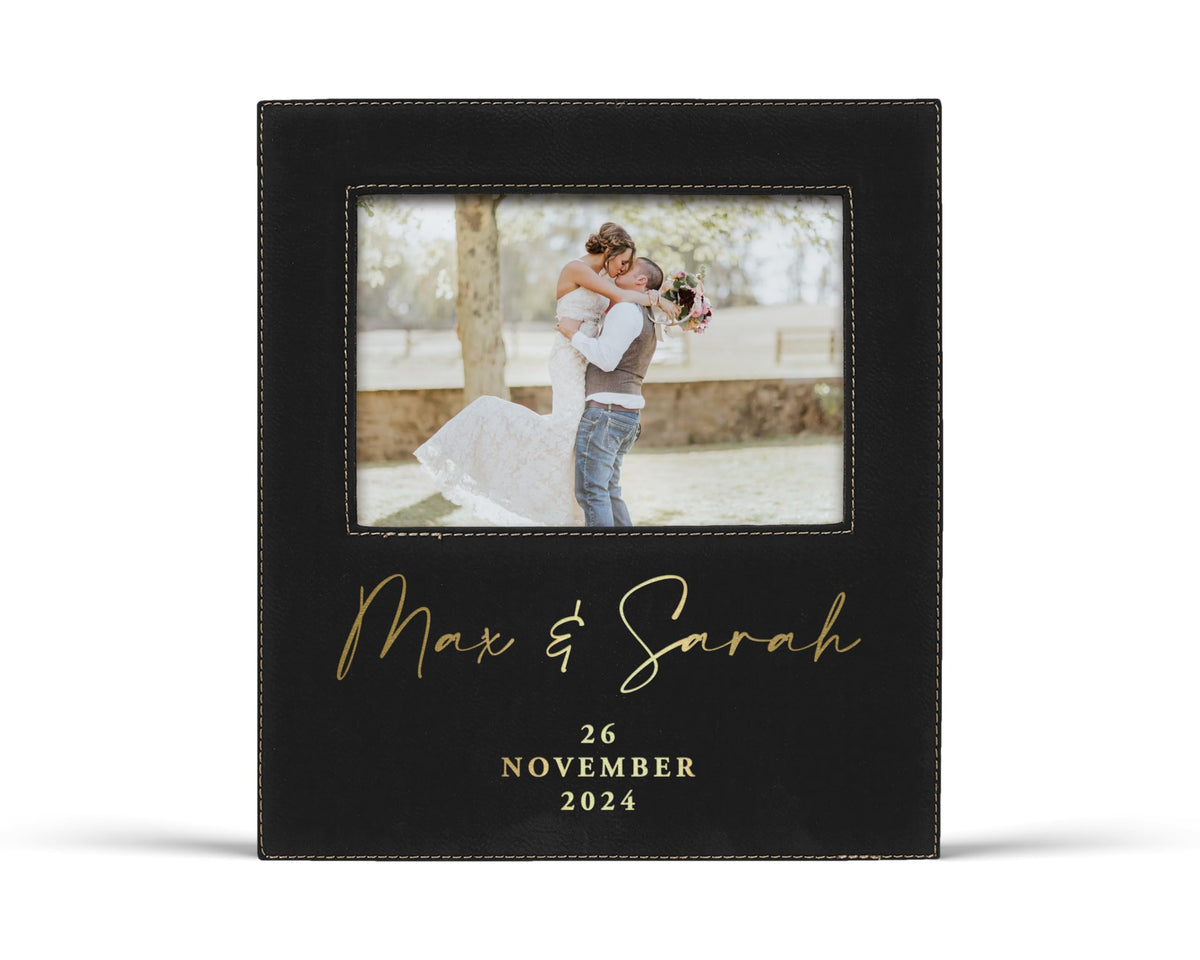 Alterd Industries Customized Picture Frames 8x10 with 4x6 Photo Display - Gift of Anniversary for Couples - Engagement Photo Display Frame with Names - Custom Photo Frame (Script - White/Black - 4x6)