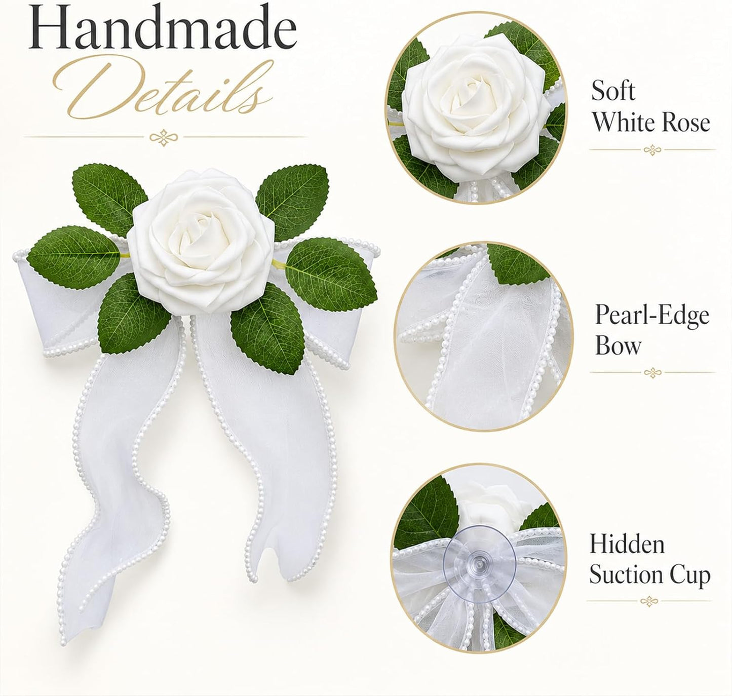 4PCS Artificial Rose Door Handle Flowers Wedding Car Decorations | Just Married Vehicle Decor Kit Flower with Pearl Tulle Bow & Suction Cup, Newlyweds Send Off,Engagement Party Accessories