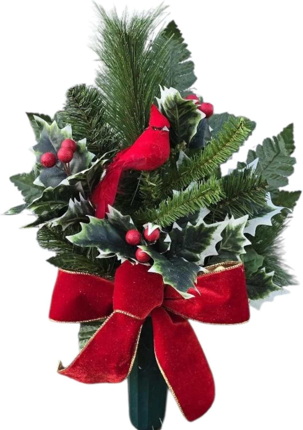 Cemetery Cone with Berries, Holly, and Pine - Christmas Memorial Decoration - Realistic Silk Faux Floral Artificial Grave Flowers -