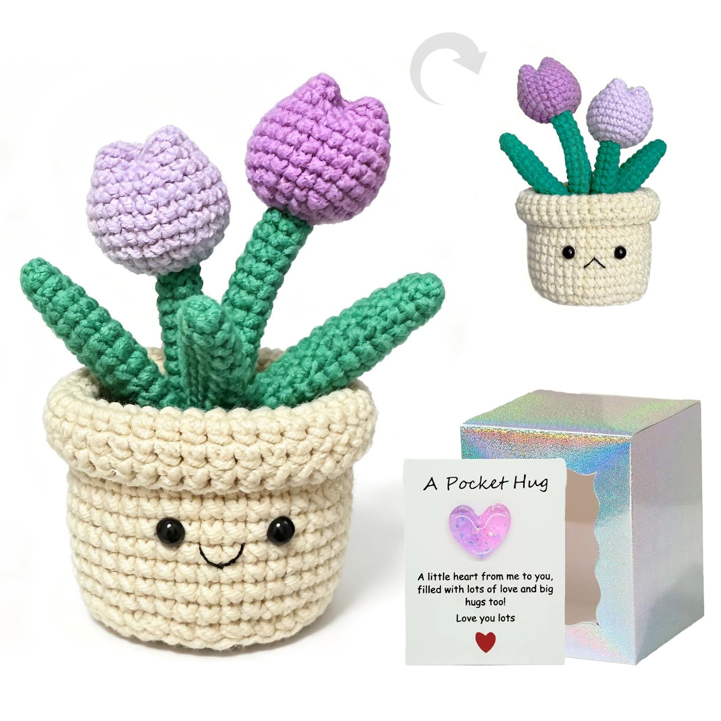 Hand-Made Crochet Red Roses with Pocket Hug Card and Gift Box, Knitted Artificial Flowers for Home Room Table Office Decor and Appreciation Gifts for Family Girlfriend Other Half Mothers Day