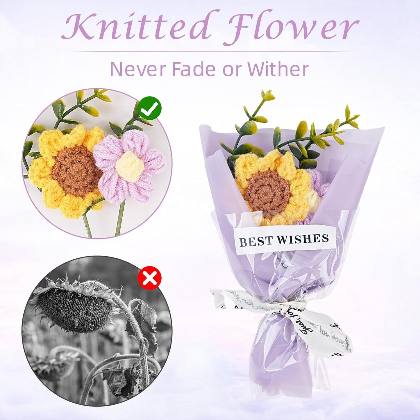 3 Pcs Sunflower Crochet Flower Bouquet Gift for Teachers, Mini Knitting Crochet Bouquet – Positive Handmade Mini Crochet Flowers Gift for Mother’s Day, Wedding, Teacher Appreciation Gift for Women Men