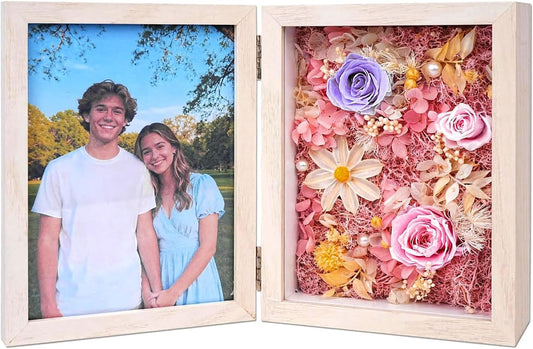 5x7'' Shadow Box Picture Frame Double Photos with Preserved Flowers, Real Floral Deep Wood Shadow Box Display Case Desktop Decor with Glass Front/Card/Gift Box, Gift Box for Family/Valentine’s Day