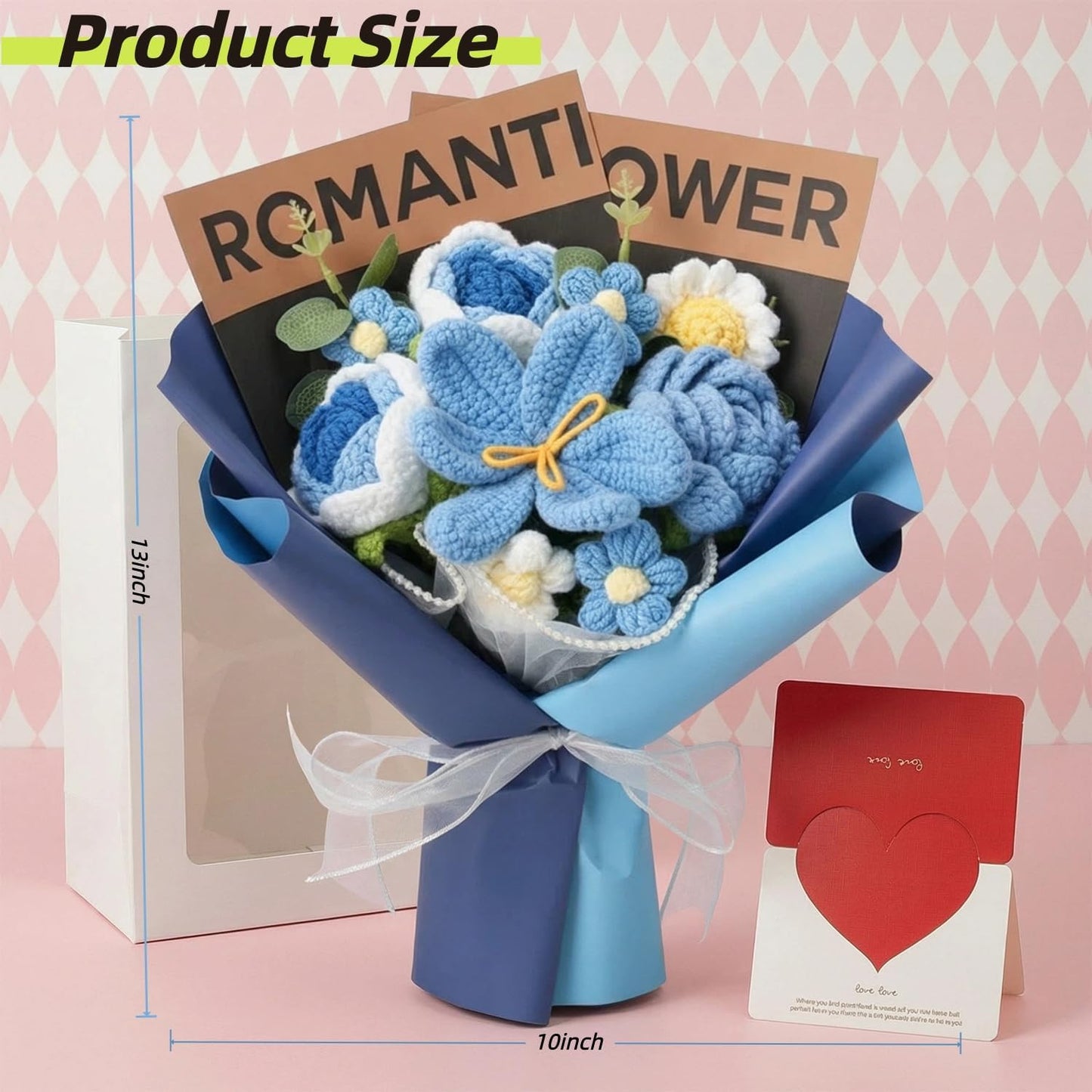 Crochet Flower Bouquet, Handmade BlueTulip Rose Gift for Women(with Card) | Skin-Friendly Odor-Free Yarn, Everlasting No Watering Needed,Vivid Full-Bloom Shape, Ideal Gift For Mom, Daughter & Sister