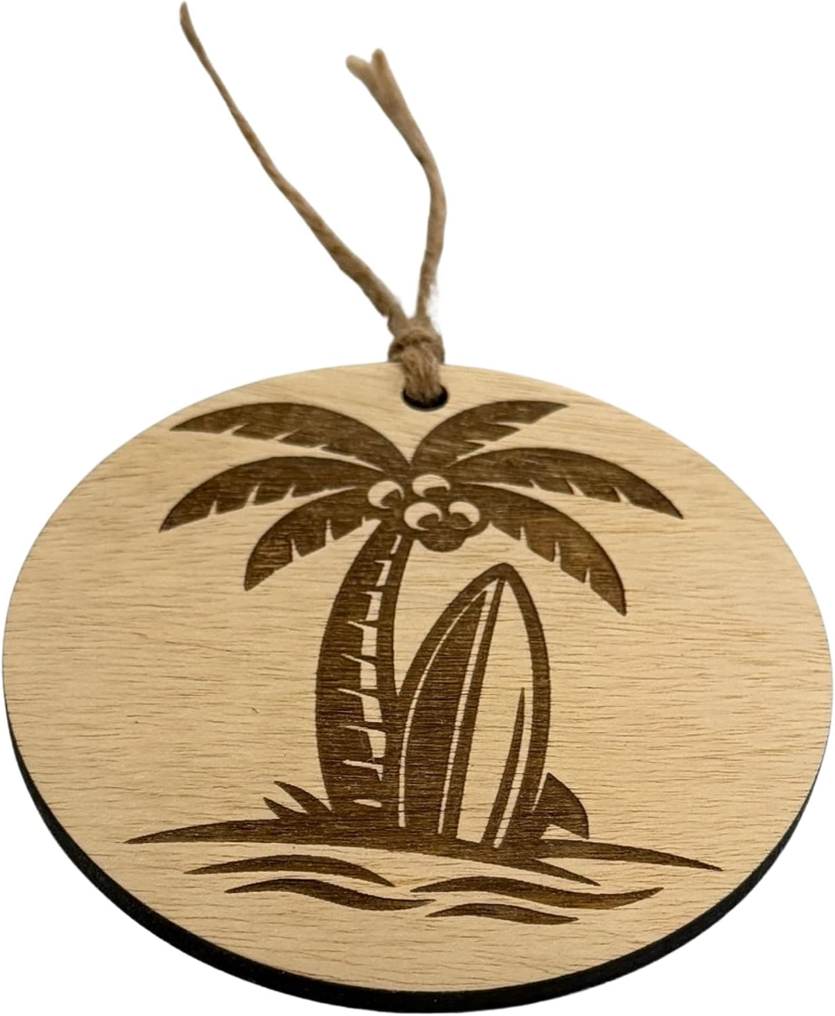Beach Rearview Mirror Ornament, 4x4 Engraved Wood Car Hanging Decoration, Palm Tree and Surfboard Design with Jute Twine, Car Owner Gift