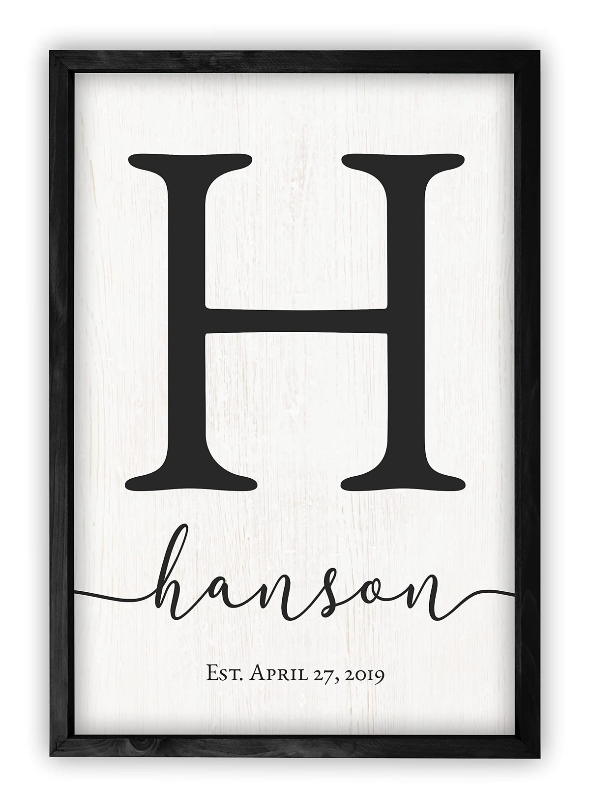 Personalized Monogram Framed Name Sign 12x18 – Custom Wall Decor Grey | solid poplar frame, white background, printed no decals, 4 sizes, add surname, wedding housewarming gift