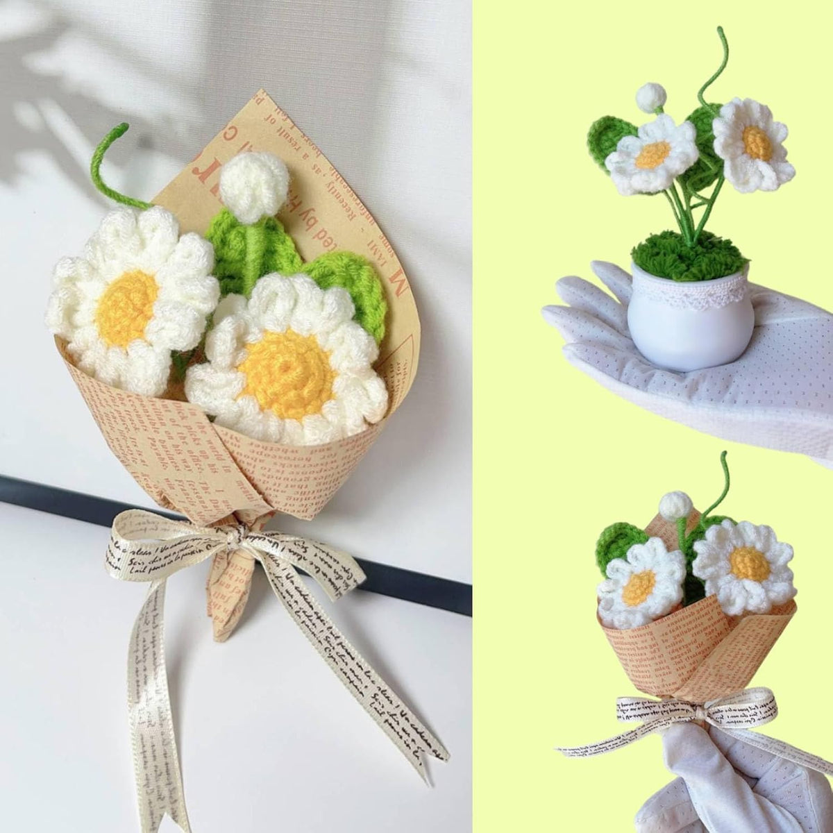 Mini White Daisy Artificial Flowers-Crochet Flower Centerpieces for Tables, DIY Crafts Picture Frames Small Welcome Work Gifts for Employee Teachers Friends Home Party Decor (White Daisy)