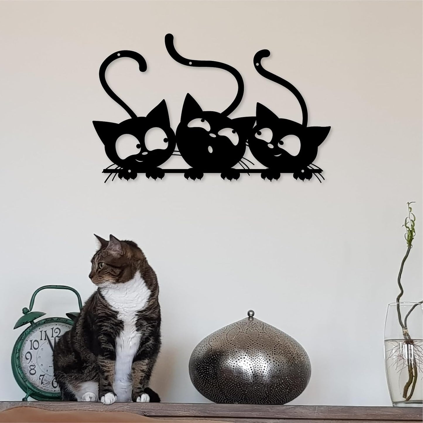 Monlyey Three Black Cat Wall Art, Metal Cat Wall Decor, Black Cat Wall Sculpture For Cats Lover, Minimalist Room Living Room Patio Wall DéCor (Length:12 Inches)