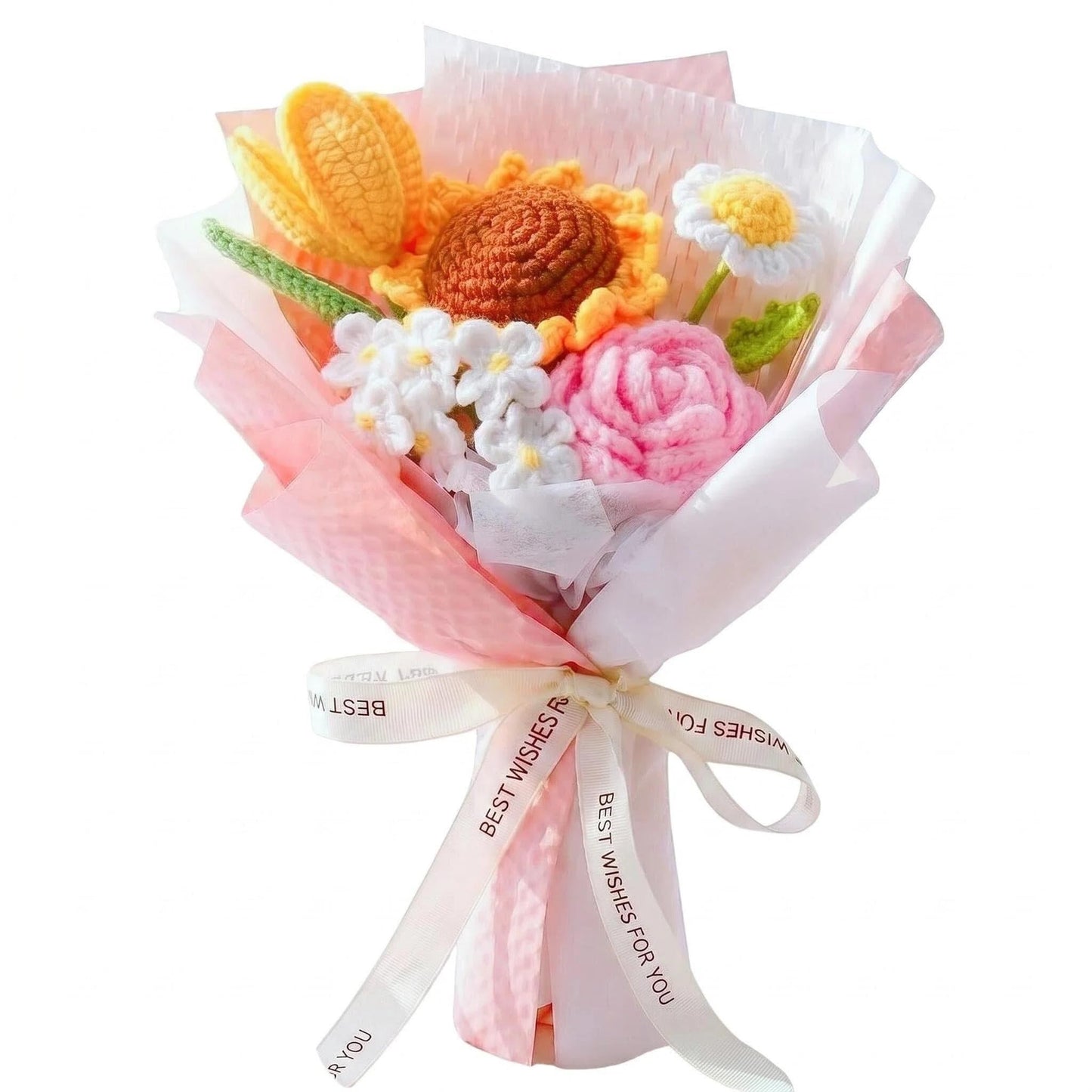 7pcs Crochet Roses Bouquet Pink, Knitted Flowers Bouquet, Preserved Rose Flowers, Artificial Flower Gift for Wife Girlfriend Friend Home Office Decor(Pink-Rose)